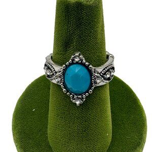 Silver Ring With Blue Gemstone Intricate Design Boho Chic Jewelry Adjustable